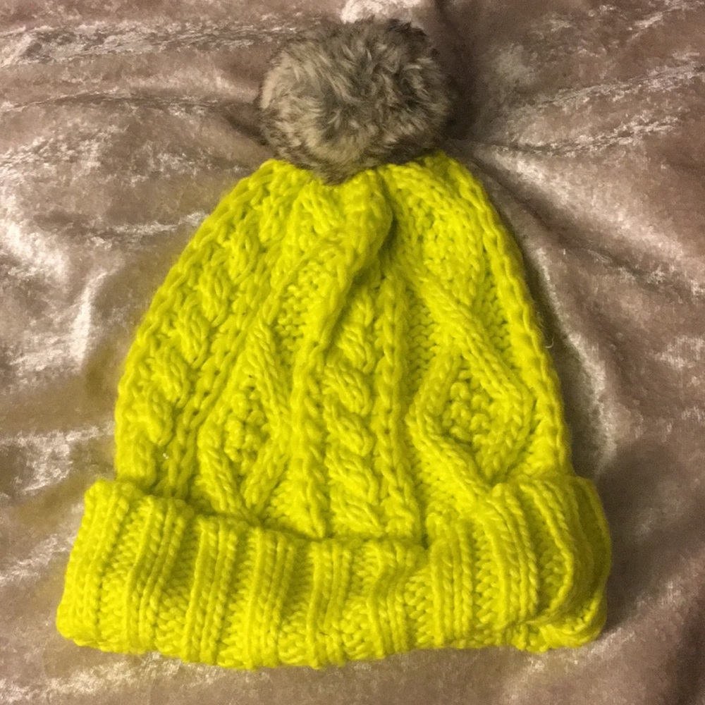 NWOT neon yellow puff ball beanie